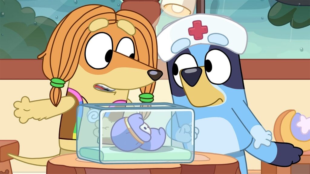 A still image from the Bluey episode "Early Baby", one of the episodes that will be released as listen along next summer.