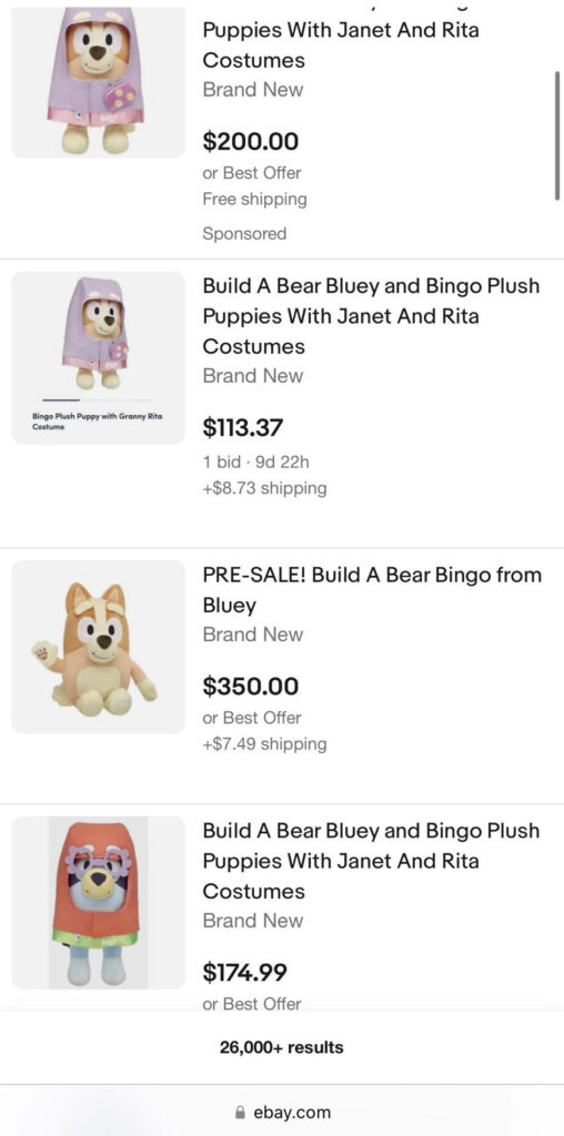 The Bluey Build-A-Bear collection being resold on eBay